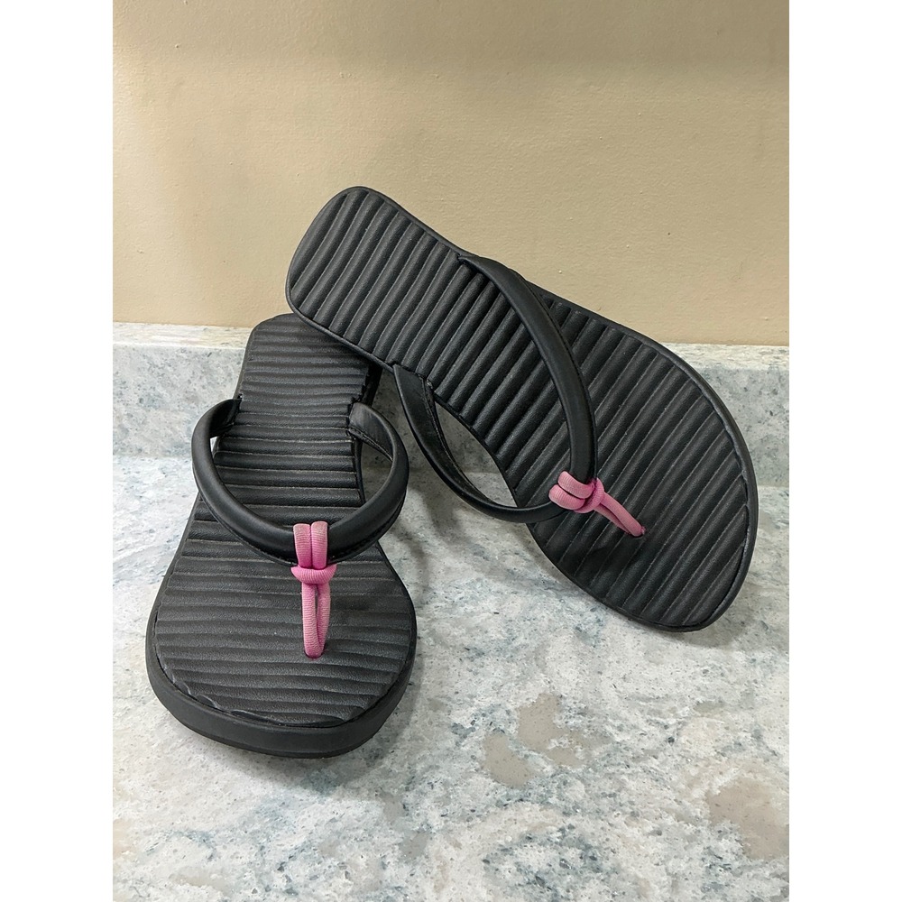 Crocs Wedge Flip Flops Sandals Size 7 Black Pink Ribbed Thong Platform Heel